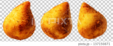 Fried Brazilian coxinhas cone snack filled shredded chicken cheese with golden crispy texture isolated on white background Fried Brazilian coxinhas cone snack filled shredded chicken cheese with golden crispy texture isolated on white background 137150871