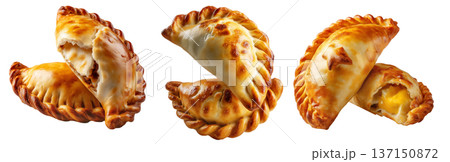 Fried baked pastry empanadas filled with ground beef cheese ham and crimped edges, isolated on white background Fried baked pastry empanadas filled with ground beef cheese ham and crimped edges, isolated on white background 137150872
