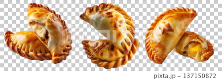 Fried baked pastry empanadas filled with ground beef cheese ham and crimped edges, isolated on white background 137150872