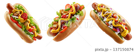 Brazil Hot Dog Completo overloaded hot dog with mustard, veggies, and cheese on sesame bun, isolated on white background 137150874
