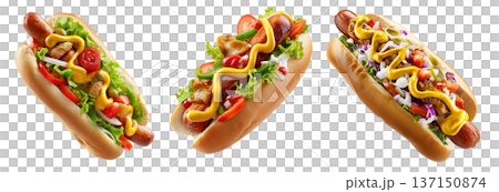 Brazil Hot Dog Completo overloaded hot dog with mustard, veggies, and cheese on sesame bun, isolated on white background 137150874
