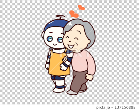 リハビリを手伝う介護ロボット。笑顔で歩く高齢者 137150888