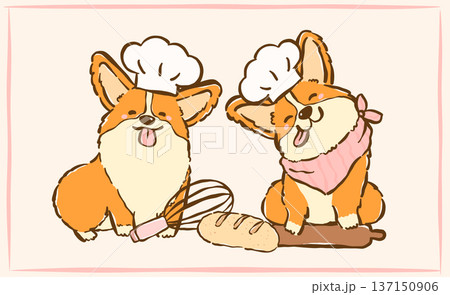 Kawaii derp corgi bakery chef set whimsical hand drawn cartoon doodle 137150906