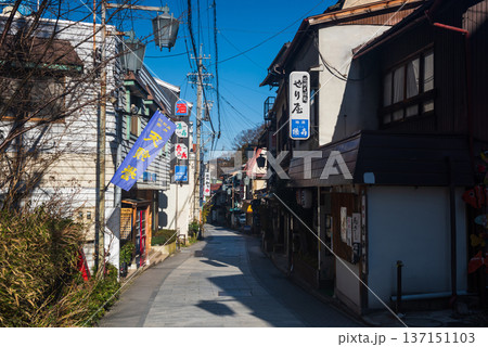 Shibu Onsen hot springs town against blue sky, Nagano Shibu Onsen hot springs town against blue sky, Nagano 137151103