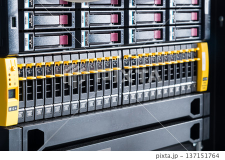 Array of data storage hard drives in internet data center 137151764