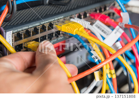hand of engineer plugging in ethernet cable into server switch p hand of engineer plugging in ethernet cable into server switch p 137151808