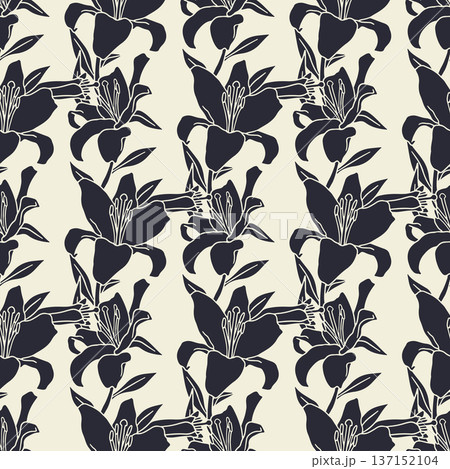 Hand drawn black and white silhouette lily flowers vintage seamless pattern. Boho floral monochrome repeat wallpaper 137152104