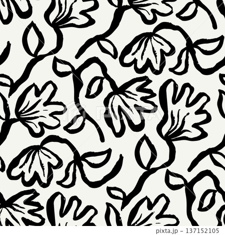 Seamless monochrome pattern featuring hand drawn abstract flowers. Artistic brush strokes floral design in modern minimalist style 137152105