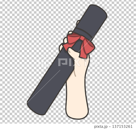 赤いリボンのついた筒の卒業証書を持つ右手 137153261