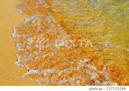 Yellow sand with waves on the sea. Background: cover, screensaver. 137153289