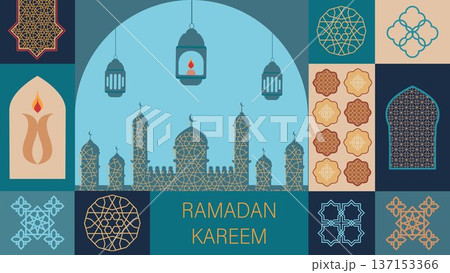 Ramadan Kareem greeting card, poster, banner, and cover, decorated with traditional patterns, mosques, and crescent moons in a flat geometric style Ramadan Kareem greeting card, poster, banner, and cover, decorated with traditional patterns, mosques, and crescent moons in a flat geometric style 137153366