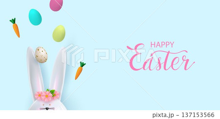 Easter poster with a ceramic bunny, flowers, and patterned flying Easter eggs. Easter greetings and gifts. Easter poster with a ceramic bunny, flowers, and patterned flying Easter eggs. Easter greetings and gifts. 137153566