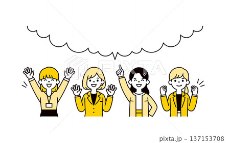 大きな吹き出しと、明るく元気な表情・ポーズの複数の若い女性の上半身ベクターイラスト素材セット 137153708