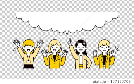 大きな吹き出しと、明るく元気な表情・ポーズの複数の若い女性の上半身ベクターイラスト素材セット 137153708