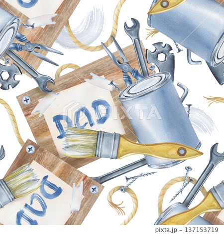 Seamless drawing with working tools and a wooden board on an isolated background. Watercolor illustration of men's work tools for home renovation. Realistic repeating pattern for packaging and 137153719