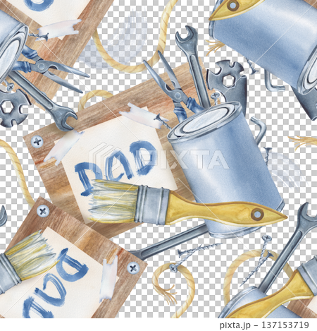 Seamless drawing with working tools and a wooden board on an isolated background. Watercolor illustration of men's work tools for home renovation. Realistic repeating pattern for packaging and 137153719