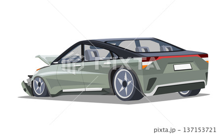 Separate layer of damage sedan car green color. Car front bumper was damaged. The front wheel came off and the tire was flat. Show inside car. On isolated white background. Separate layer of damage sedan car green color. Car front bumper was damaged. The front wheel came off and the tire was flat. Show inside car. On isolated white background. 137153721
