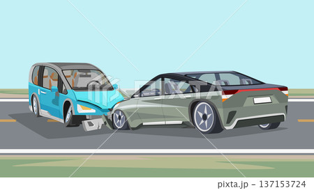 Separate layer of blue hadback car and green sedan car. Collision on the asphalt road resulted in severe damage to the front of the vehicles. For use in obtaining accident insurance or incidents. 137153724