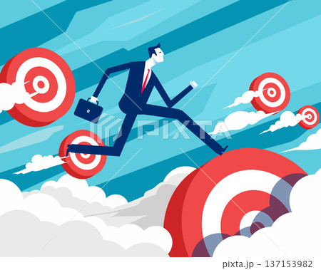 Success target. Businessman running towards goal step by step 137153982