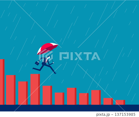Financial insurance. Businessman with umbrella falling from the heights of the bar chart to the lows Financial insurance. Businessman with umbrella falling from the heights of the bar chart to the lows 137153985
