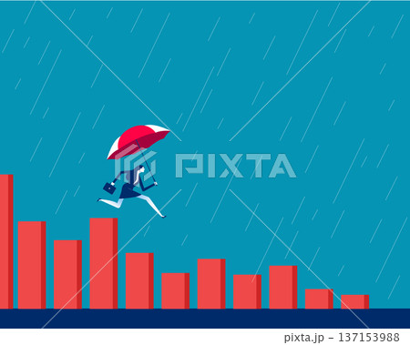 Financial insurance. Businesswoman with umbrella falling from the heights of the bar chart to the lows Financial insurance. Businesswoman with umbrella falling from the heights of the bar chart to the lows 137153988