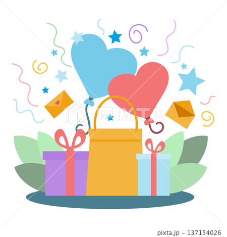 Festive gift boxes with heart shaped balloons, confetti, stars and envelopes for celebration and holiday greetings Festive gift boxes with heart shaped balloons, confetti, stars and envelopes for celebration and holiday greetings 137154026