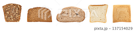 A horizontal collection of five different bread slices A horizontal collection of five different bread slices 137154029