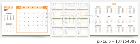 2027 Calendar template with retro green and orange design. Calendar planner with monthly grid, annual overview and mini calendars, modern corporate desk calendar in simple style. 2027 Calendar template with retro green and orange design. Calendar planner with monthly grid, annual overview and mini calendars, modern corporate desk calendar in simple style. 137154088