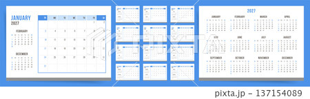 2027 Calendar template with blue and white design. Calendar planner in modern corporate style with monthly grid, annual overview and mini calendars, simple desk calendar layout. 137154089
