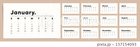 2027 Calendar template with modern typographic design. Calendar features months written with period punctuation, simple minimal layout on beige background and clean schedule planner style. 2027 Calendar template with modern typographic design. Calendar features months written with period punctuation, simple minimal layout on beige background and clean schedule planner style. 137154093