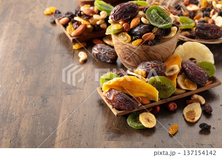 Dried tropical fruits with various nuts and raisins. 137154142