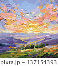 Impasto sunset landscape painting with pastel lavender sky golden light over purple mountains and green meadow 137154393