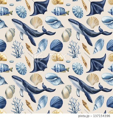 Humpback whale sea life pattern with manta ray shells coral and fish in navy and sand tones 137154396