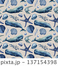 Sperm whale ocean pattern with blue shells starfish coral and fish on beige background 137154398