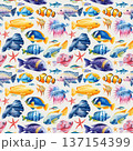 Tropical fish reef pattern with clownfish angelfish betta starfish and colorful sea creatures on beige background 137154399