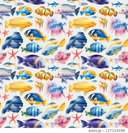 Tropical fish reef pattern with clownfish angelfish betta starfish and colorful sea creatures on beige background 137154399