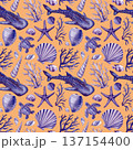 Whale shark ocean pattern with blue sea turtle starfish shells and coral on orange background 137154400
