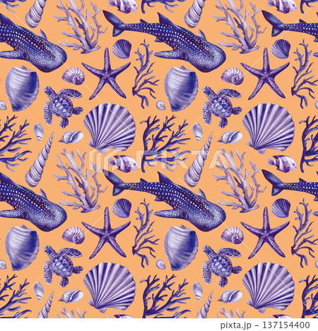 Whale shark ocean pattern with blue sea turtle starfish shells and coral on orange background 137154400