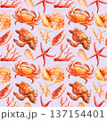 Crab ocean pattern with orange sea turtle jellyfish coral and shells on purple background 137154401