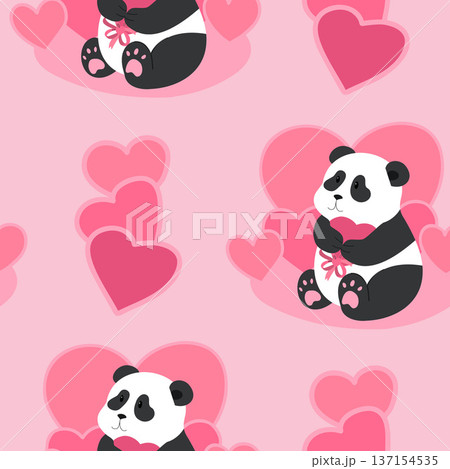 Cute baby panda holding heart seamless pattern. Cute panda bear valentine pink background. 137154535