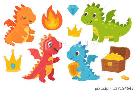 Cute cartoon dragon set with crown, treasure chest and fire flame, magical fantasy clipart for birthday themes and storybook projects Cute cartoon dragon set with crown, treasure chest and fire flame, magical fantasy clipart for birthday themes and storybook projects 137154645