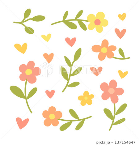 Pastel floral and heart elements with leaves and blossoms, romantic spring graphics for wedding invitations, fabric patterns and wall art Pastel floral and heart elements with leaves and blossoms, romantic spring graphics for wedding invitations, fabric patterns and wall art 137154647