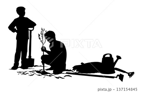 Vector drawing. A boy works in a garden Vector drawing. A boy works in a garden 137154845