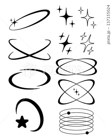 Y2Kスタイルの星や軌道のモノクロアイコンセット レトロフューチャーなベクター装飾素材 Y2Kスタイルの星や軌道のモノクロアイコンセット レトロフューチャーなベクター装飾素材 137155024