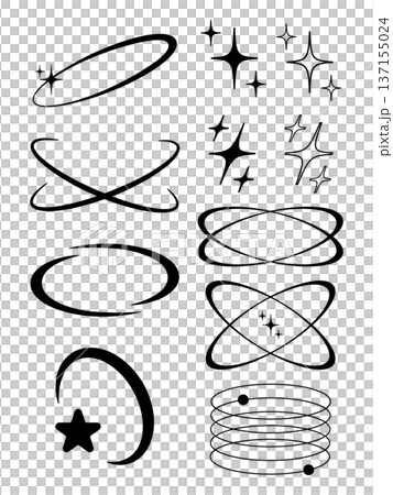 Y2K style monochrome icon set of stars and orbits Retro-futuristic vector decorative elements 137155024
