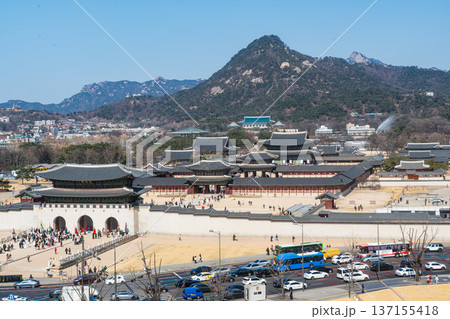 Seoul, South Korea - Feb. 28, 2026 : Aerial view of Gyeongbok palace and the Blue House in Seoul city, South Korea Seoul, South Korea - Feb. 28, 2026 : Aerial view of Gyeongbok palace and the Blue House in Seoul city, South Korea 137155418