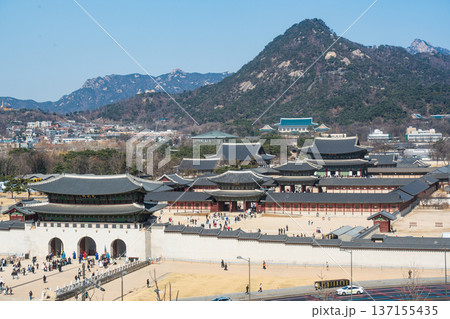 Seoul, South Korea - Feb. 28, 2026 : Aerial view of Gyeongbok palace and the Blue House in Seoul city, South Korea Seoul, South Korea - Feb. 28, 2026 : Aerial view of Gyeongbok palace and the Blue House in Seoul city, South Korea 137155435