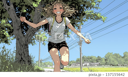 喜びにあふれ、軽やかにスキップする若い女性