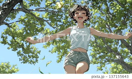 喜びにあふれ、軽やかにスキップする若い女性