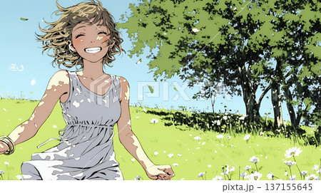 喜びにあふれ、軽やかにスキップする若い女性